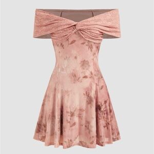 MESH OFF-SHOULDER FLORAL LACE TWIST MINI DRESS